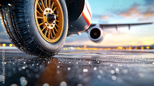 Wallpaper Mural Closeup view of an airplane nose taking off from a runway with glimmering raindrops on tires Torontodigital.ca