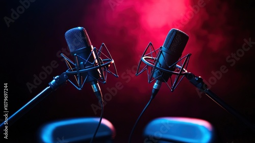 Two microphones with colorful lights in a music studio setting. photo