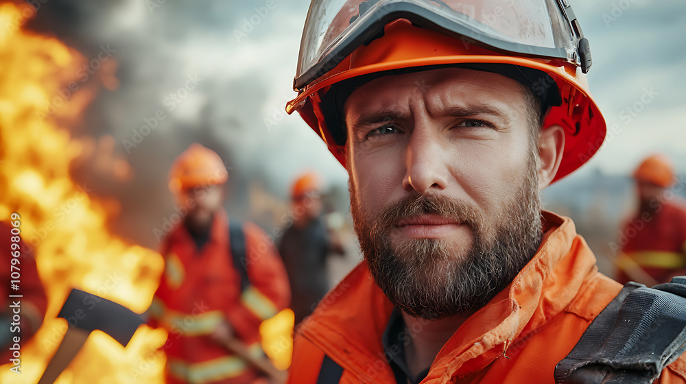 Fototapeta premium Brave firefighters tackle blazing inferno with axes and hoses to protect lives and property