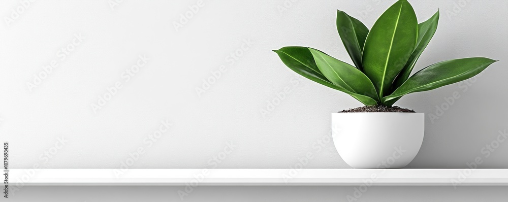 A minimalist shelf featuring a green plant in a white pot against a plain wall. A minimalist shelf featuring a green plant in a white pot against a plain wall.