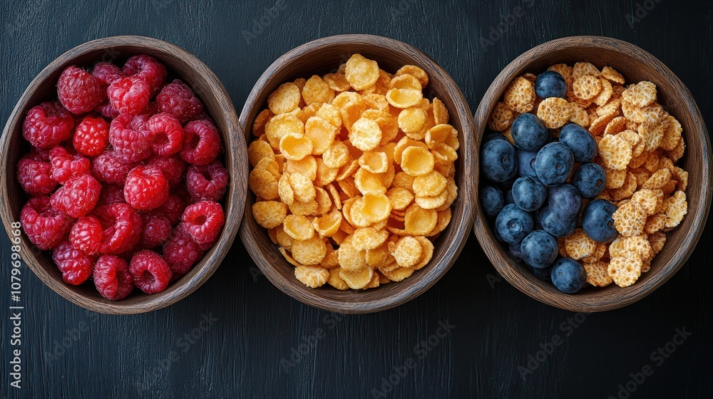 Three bowls of cereal, raspberries, and blueberries on a black background. Three bowls of cereal, raspberries, and blueberries on a black background.