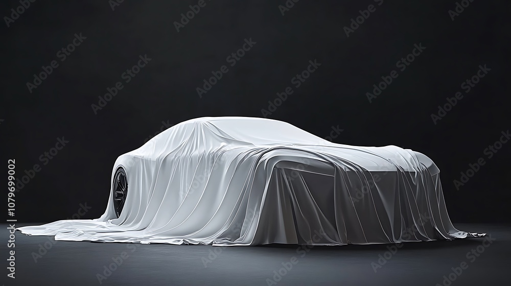Car is wrapped in white fabric, ready to be unveiled against a black backdrop Car is wrapped in white fabric, ready to be unveiled against a black backdrop