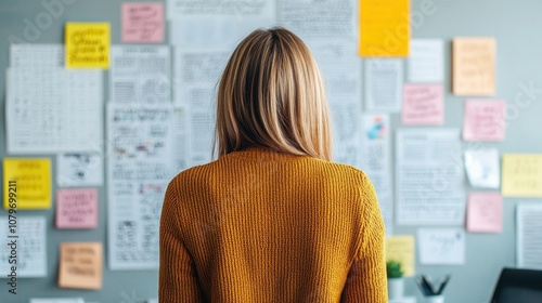 Setting 2025 goals with vision and strateA person with long hair stands in front of a wall covered with colorful notes and documents, suggesting productivity and brainstorming in a creative workspace.