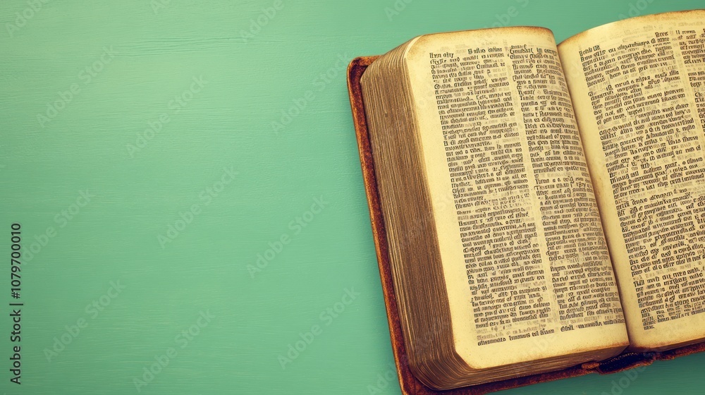 Obraz premium An open book displaying text on a teal background, suggesting study or reference.