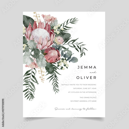 Watercolor Protea Wedding Invitation with hypericum berries, dusty miller, pepper tree leaves and eucalyptus