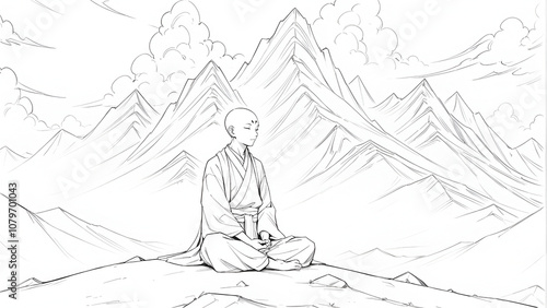 tibetan monk meditating on the mountain photo