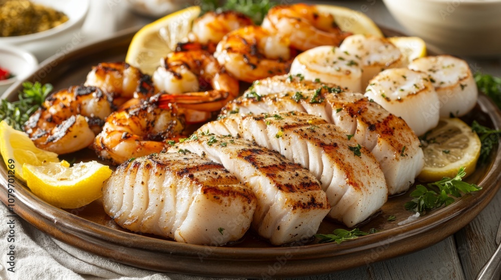 Freshly Grilled Seafood Platter with Shrimp and Fish Fillets Garnished with Lemon Slices and Herbs on a Rustic Plate Freshly Grilled Seafood Platter with Shrimp and Fish Fillets Garnished with Lemon Slices and Herbs on a Rustic Plate