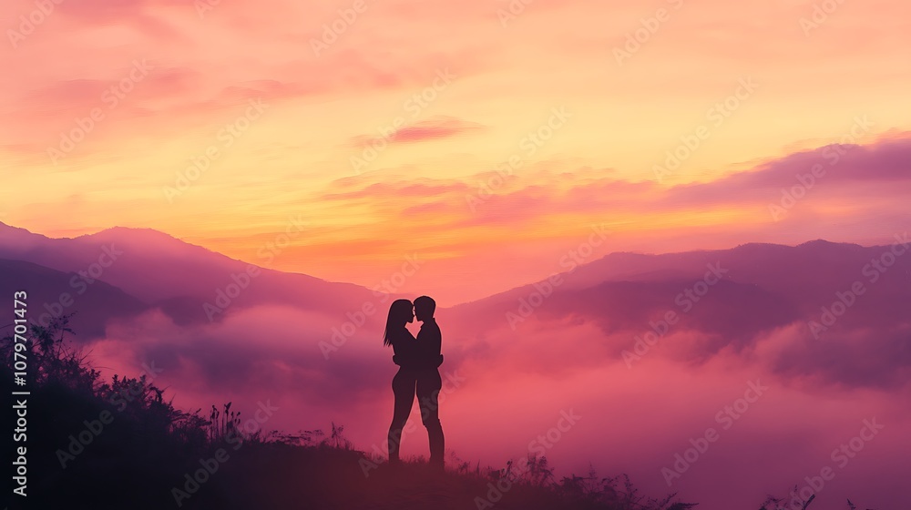 Fototapeta premium couple holding each other tightly on a misty hillside as dawn breaks, soft pinks and oranges coloring the sky