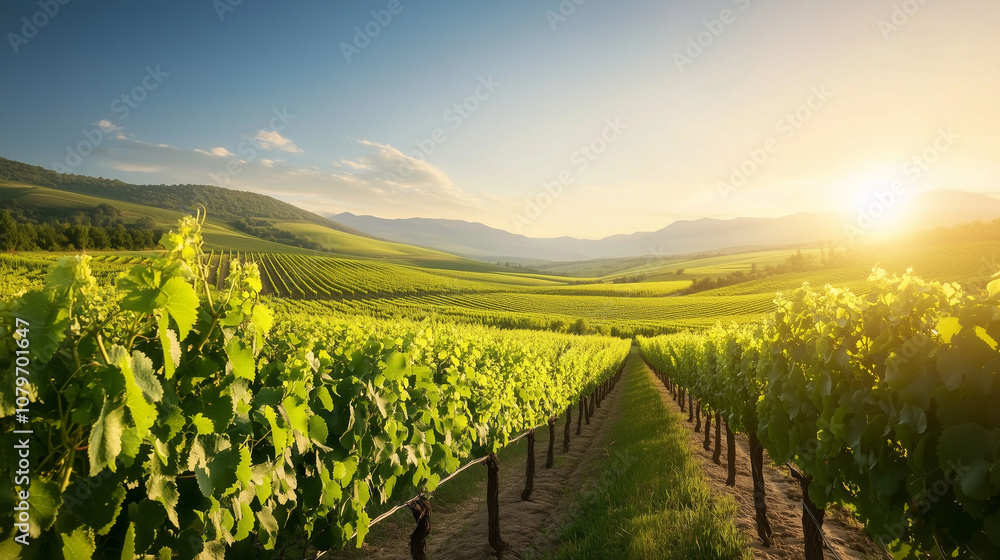 Fototapeta premium Lush Vineyard Rows in Sunlit Valley Landscape 