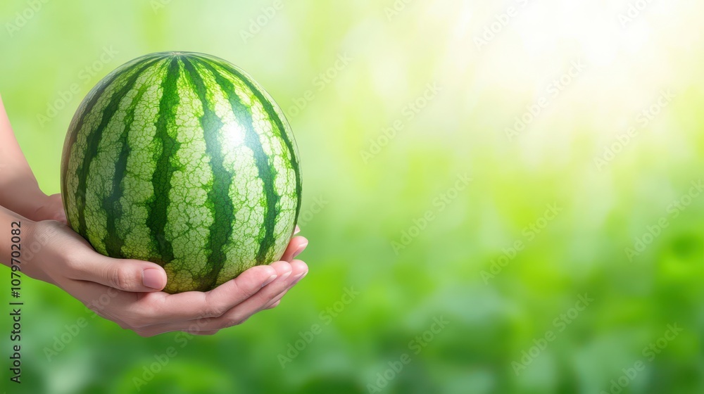 Closeup of woman's hands holding ripe, juicy watermelon, the perfect summer refreshment. Closeup of woman's hands holding ripe, juicy watermelon, the perfect summer refreshment.