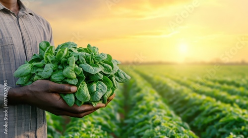 A person standing in a field holding a leafy green plant like cabbage or broccoli surrounded by fresh vegetables and greenery photo