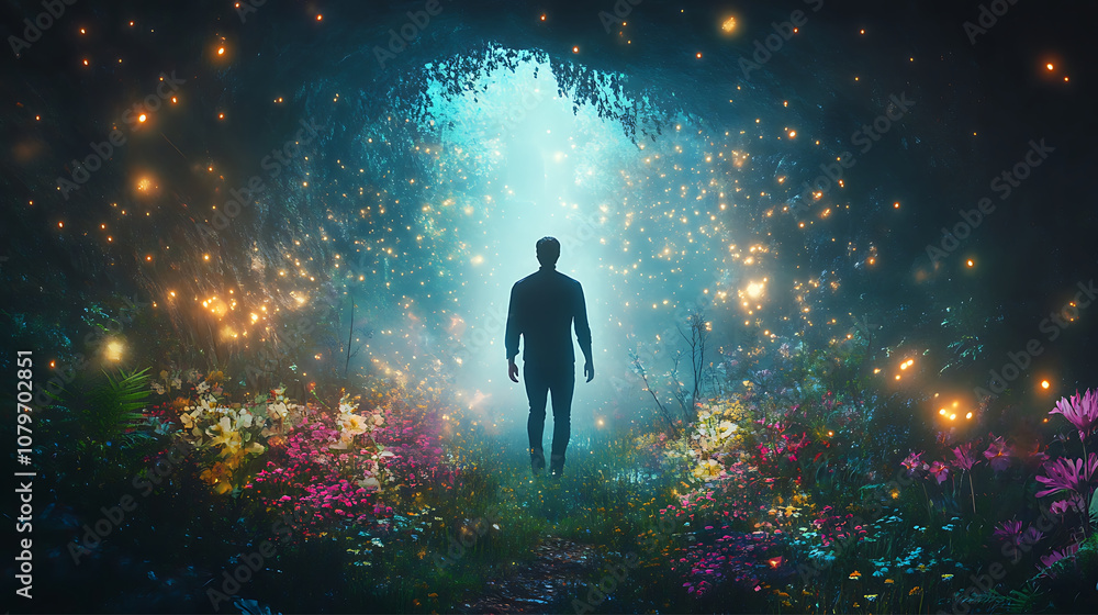 A man walking out of a cave and into a magical, enchanted forest where fireflies glow, strange flowers bloom, and the air is filled with an ethereal mist, evoking wonder and enchantment A man walking out of a cave and into a magical, enchanted forest where fireflies glow, strange flowers bloom, and the air is filled with an ethereal mist, evoking wonder and enchantment