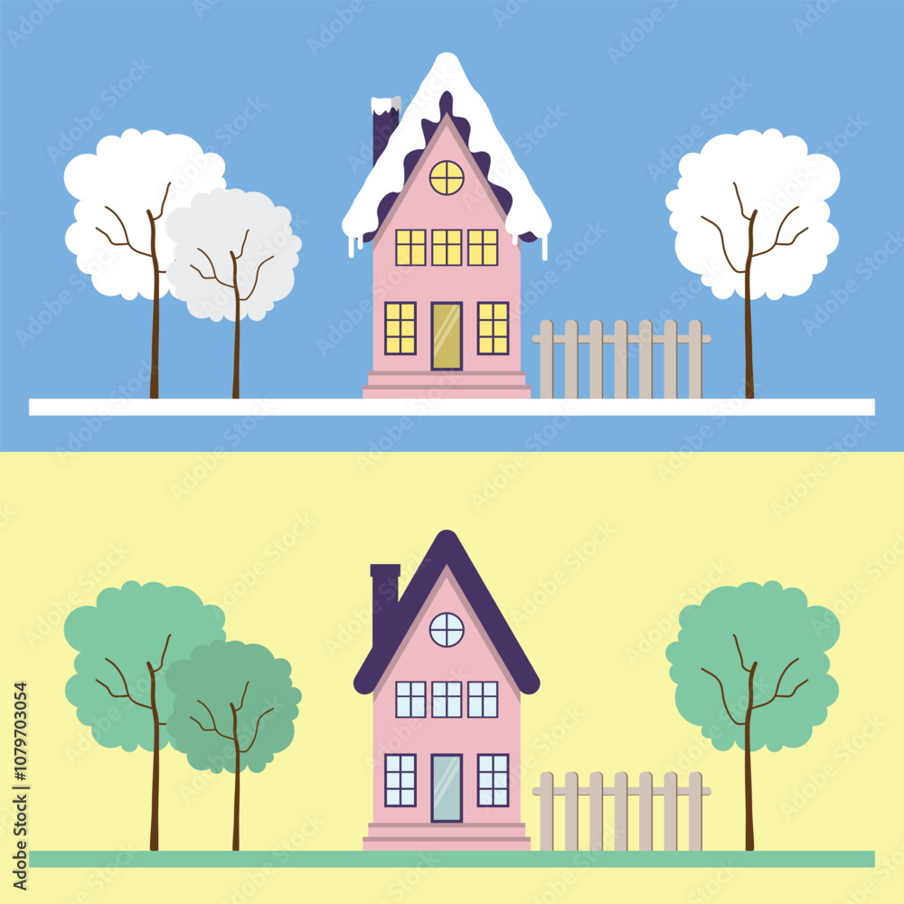 Naklejka premium Snowy House Or Residence And Environment With Trees