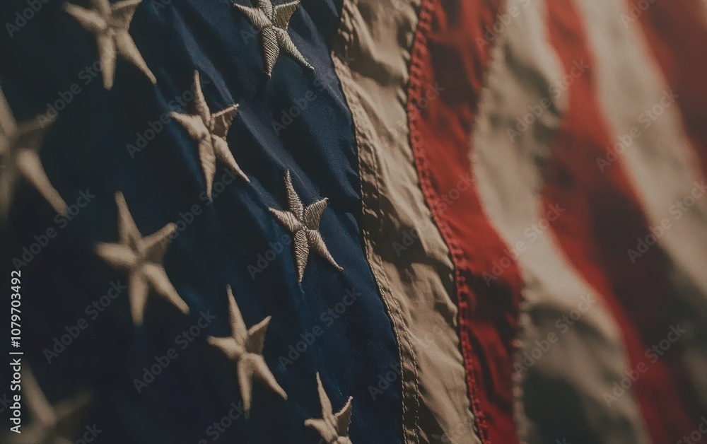 Fototapeta premium A close-up, flat lay image of the American flag on a blue background, featuring a large central space for content or text. 