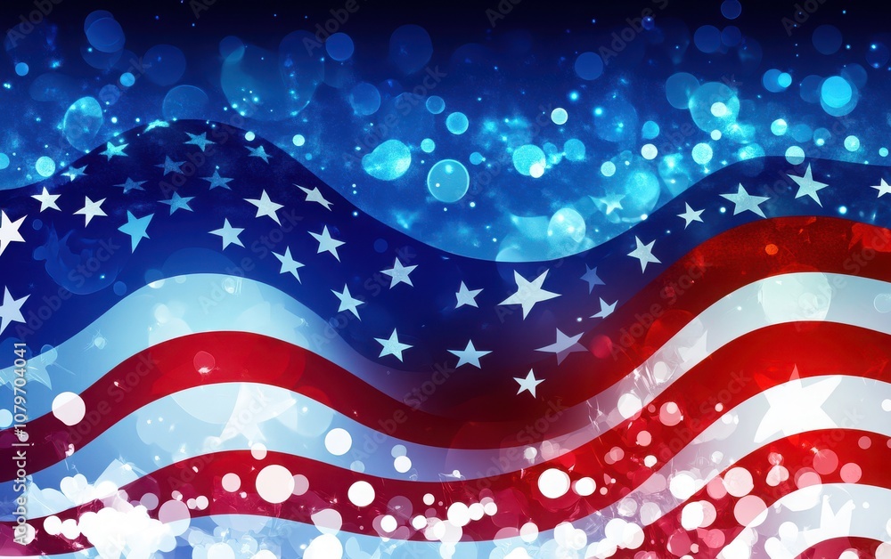 A vector-style American flag background for video, with 2D animated elements in a cartoon style. The background is blurred A vector-style American flag background for video, with 2D animated elements in a cartoon style. The background is blurred
