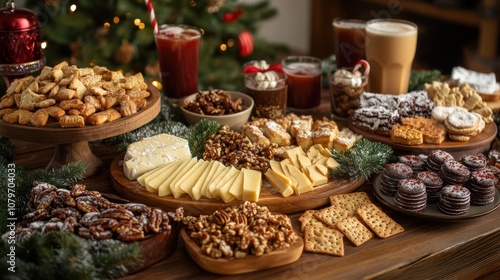 A traditional Christmas snack table filled with an assortment of treats such as spiced nuts, cheese platters, and a variety of Christmas cookies.