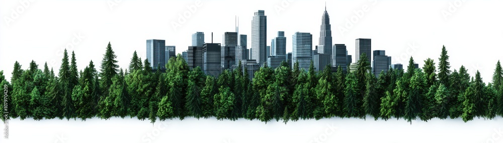 Obraz premium Economic Growth and Climate Change concept. A city skyline emerges behind a lush green forest, blending urban architecture with nature's beauty.
