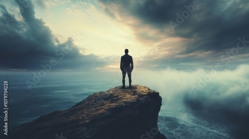 Man Standing on a Cliff Overlooking a Misty Sea