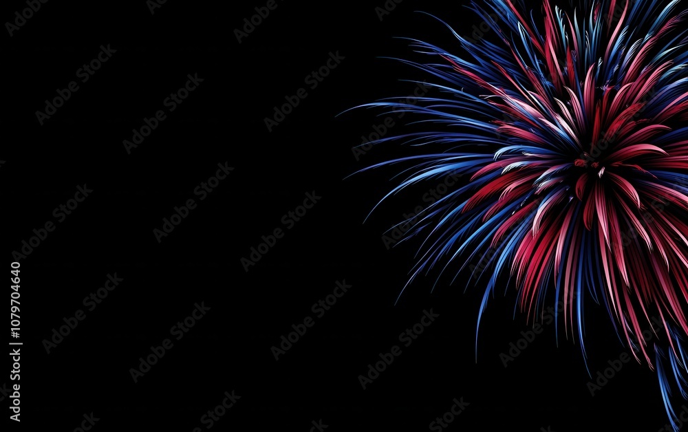 Fiery Vesania, a vector graphic showcasing a dazzling red, white, and blue firework display on the left, with clean copy space on the right side. Fiery Vesania, a vector graphic showcasing a dazzling red, white, and blue firework display on the left, with clean copy space on the right side.