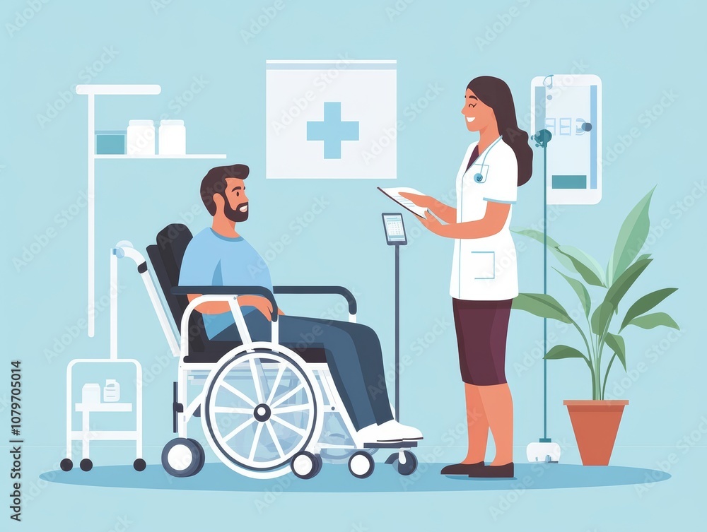 A healthcare professional interacts with a patient in a wheelchair in a medical setting. A healthcare professional interacts with a patient in a wheelchair in a medical setting.