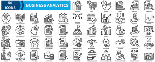 Business Analytics icon collection set. Containing insight, data, report, analysis, statistic, strategy, performance, efficiency, evaluation, trending icon. Simple black outline vector. photo