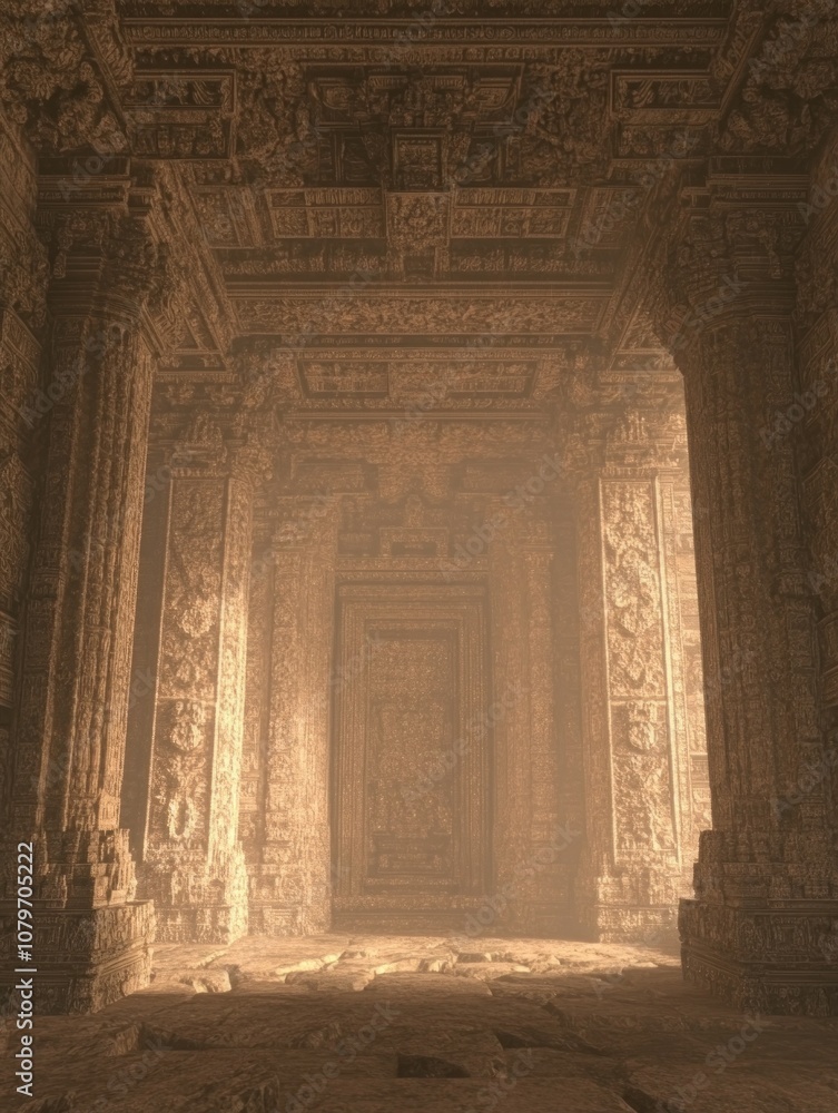 Obraz premium A dimly lit ancient temple interior with intricately carved stone pillars and walls.
