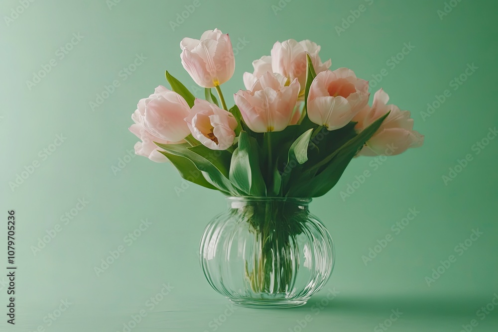 Obraz premium Big flowers bouquet of pink tulips in vintage glass vase on green background. Copy space. with generative ai
