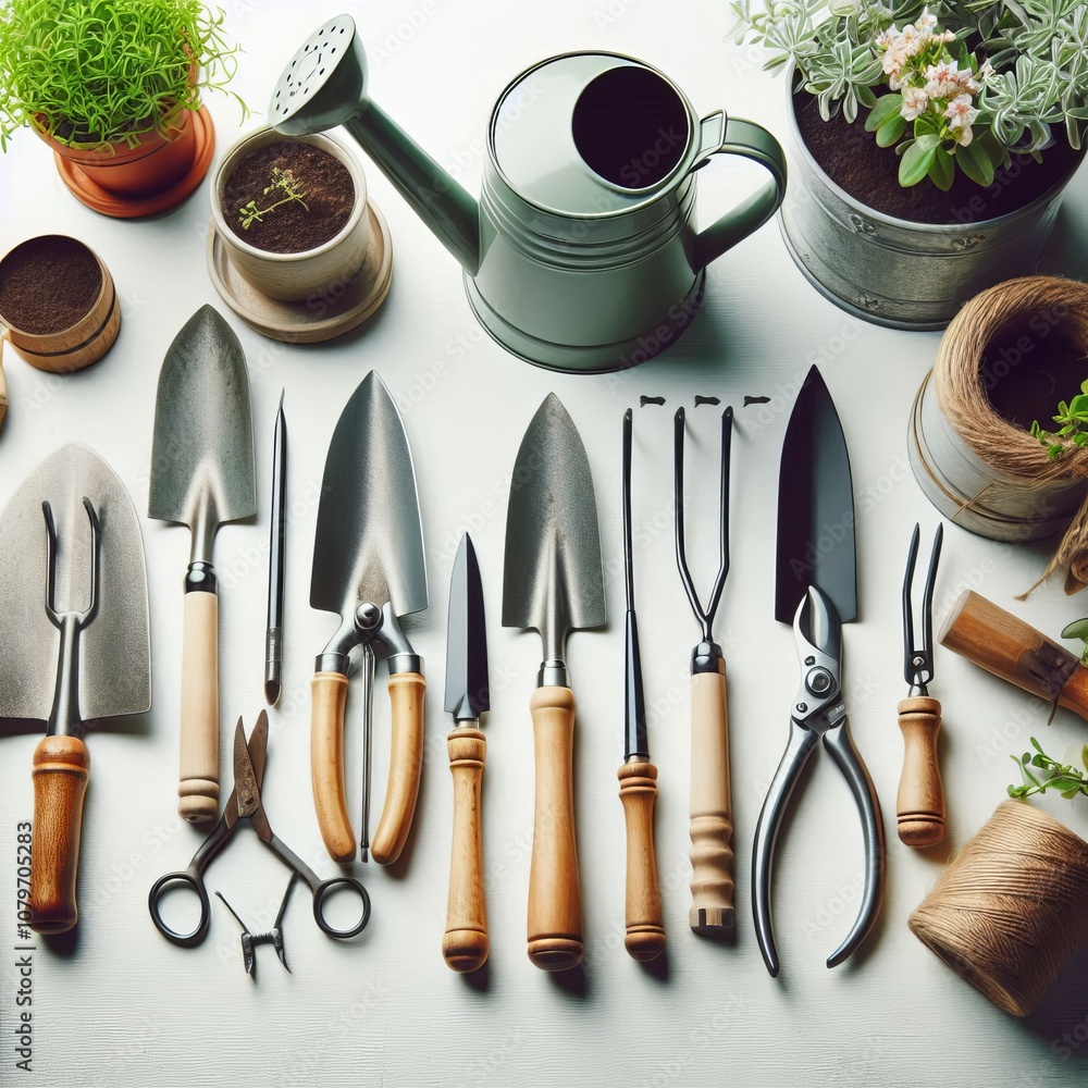 Garden Tools Garden tools like trowels pruners and a watering ca Garden Tools Garden tools like trowels pruners and a watering ca