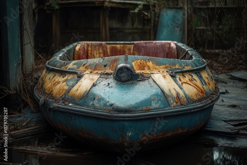 Rusted boat in overgrown park. photo