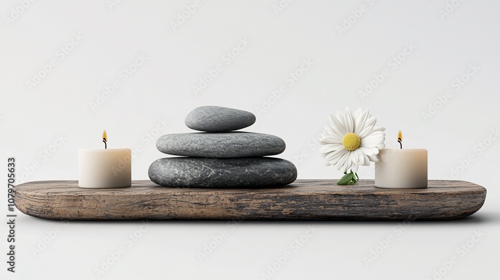 Zen stones, candles, and a flower on a wooden tray. Zen stones, candles, and a flower on a wooden tray.