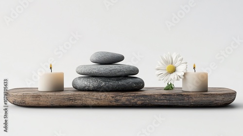 Zen stones, candles, and a flower on a wooden tray.