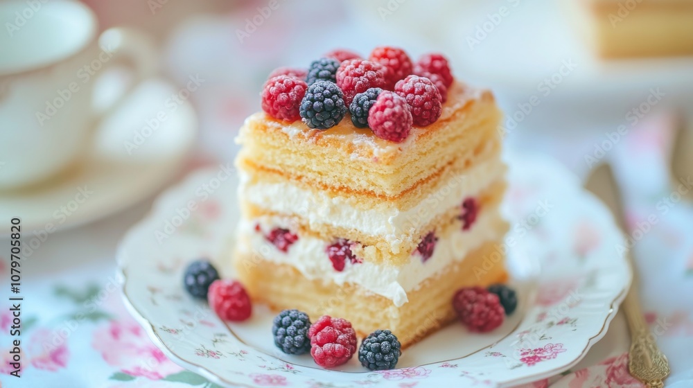 Delicious Layered Cake Garnished with Fresh Berries on a Floral Plate Perfect for Celebrations and Desserts in a Cozy Setting Delicious Layered Cake Garnished with Fresh Berries on a Floral Plate Perfect for Celebrations and Desserts in a Cozy Setting