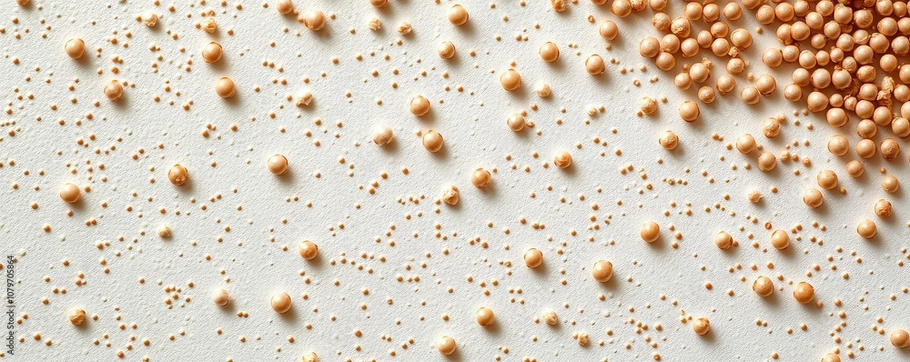Close-up of amaranth seeds, small and circular, strewn across a white tabletop, seen from above. Close-up of amaranth seeds, small and circular, strewn across a white tabletop, seen from above.