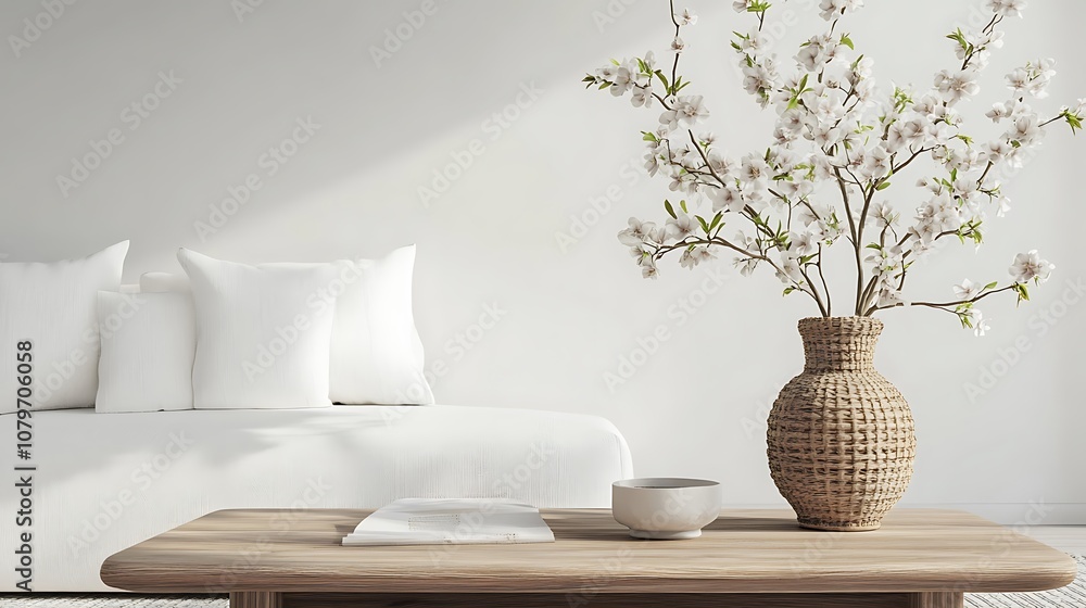Minimalist Living Room with White Flowers in a Wicker Vase Minimalist Living Room with White Flowers in a Wicker Vase