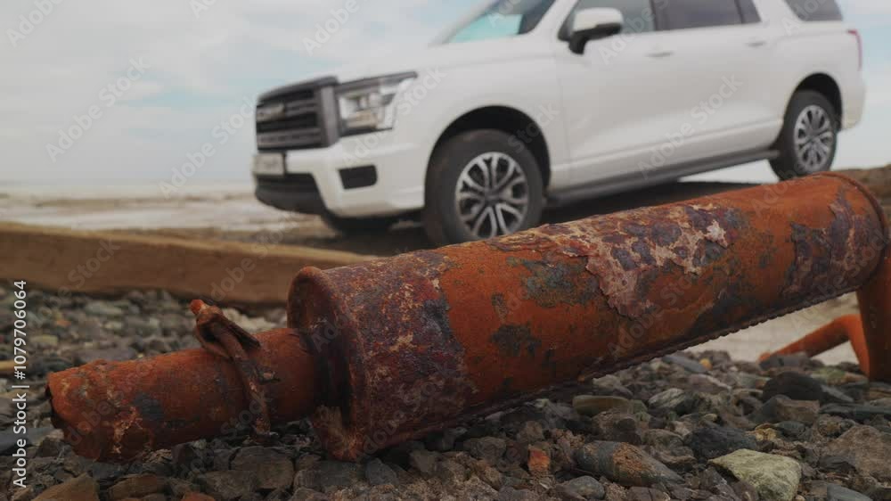 The operation of the car suspension in motion. Camera on the bottom of the car The operation of the car suspension in motion. Camera on the bottom of the car