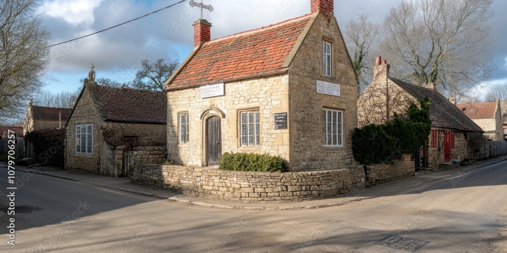 A charming stone building at a rural intersection, showcasing traditional architecture. A charming stone building at a rural intersection, showcasing traditional architecture.