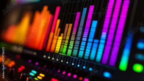 Vibrant and Colorful Equalizer Display with Varying Heights and Bright Hues Showcasing Audio Frequencies in a Modern Digital Music Studio Environment