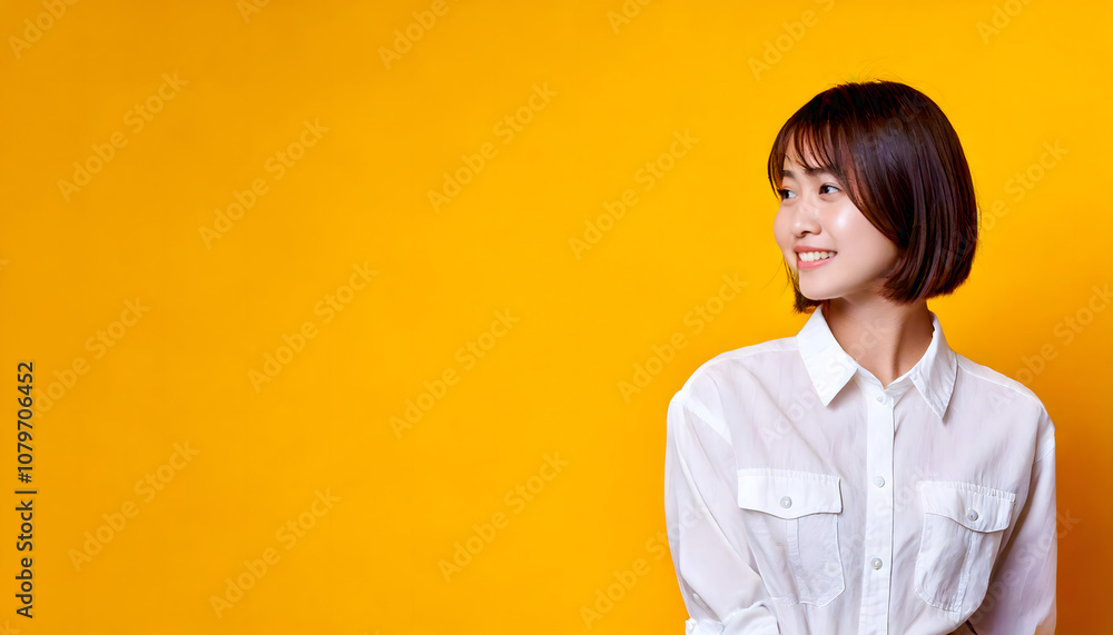 黄色い背景の上の笑顔の20代の日本人女性