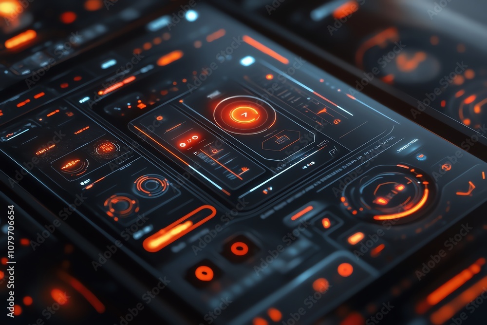 Close-up of a futuristic user interface with glowing orange and black elements, displaying data and controls.