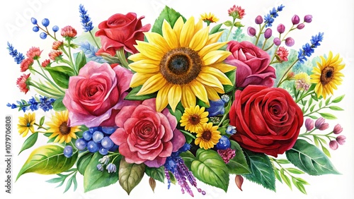 A vibrant watercolor illustration of a bouquet featuring red roses, a sunflower, and other blooming wildflowers, capturing the beauty of nature's colorful arrangement.