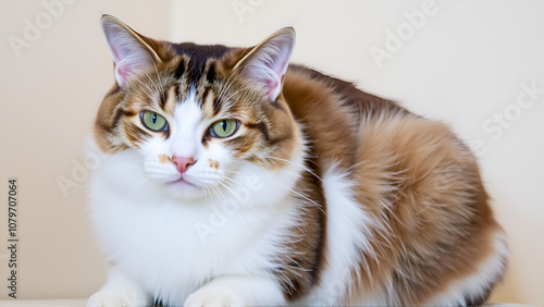 Adult brown and white cat with overweigh photo