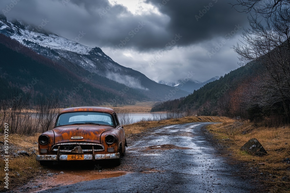 Rusty car abandoned on a road leading to snow-capped mountains. Rusty car abandoned on a road leading to snow-capped mountains.