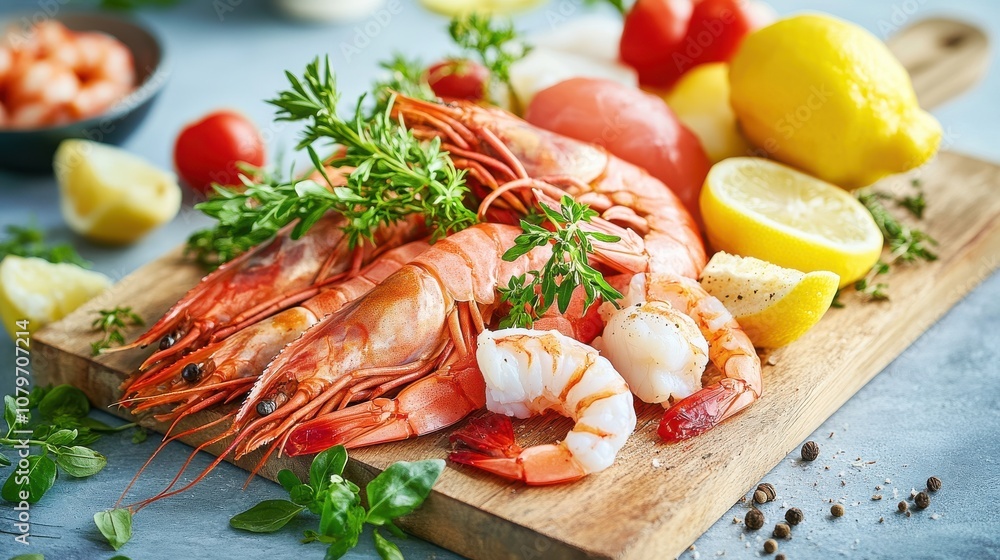 Fresh seafoods and white fish fillets arranged with herbs and lemon slices on a wooden board, highlighting healthy Nordic diet ingredients Fresh seafoods and white fish fillets arranged with herbs and lemon slices on a wooden board, highlighting healthy Nordic diet ingredients