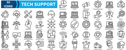 Tech Support icon collection set. Containing information, technical support, email, help, question, assistance, solution icon. Simple black outline vector.