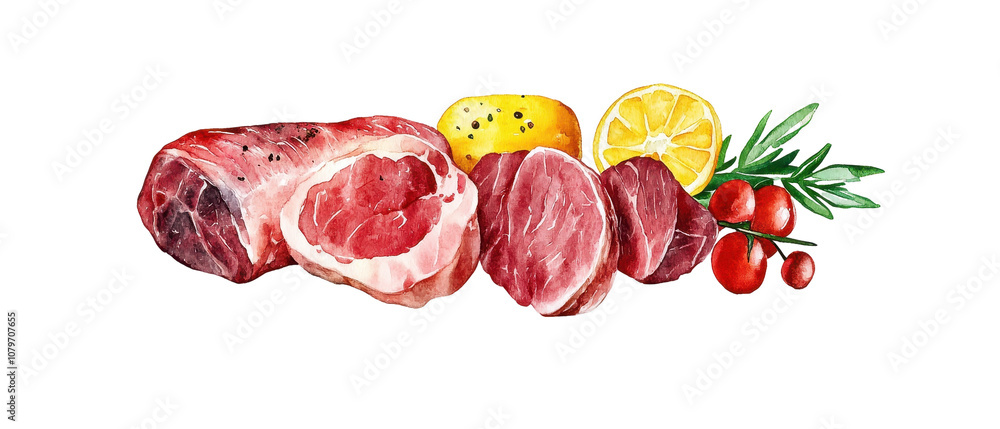Fresh cuts of meat with vegetables and fruits. transparent background Fresh cuts of meat with vegetables and fruits. transparent background