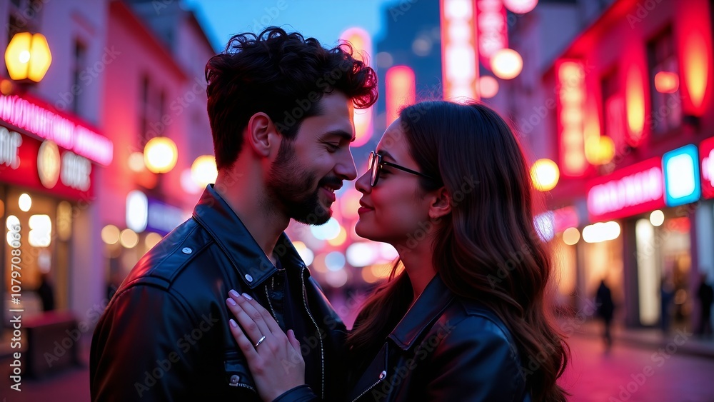 A couple in love embrace against the backdrop of the neon lights of the city. An amorous look. Valentine's Day. A couple in love embrace against the backdrop of the neon lights of the city. An amorous look. Valentine's Day.