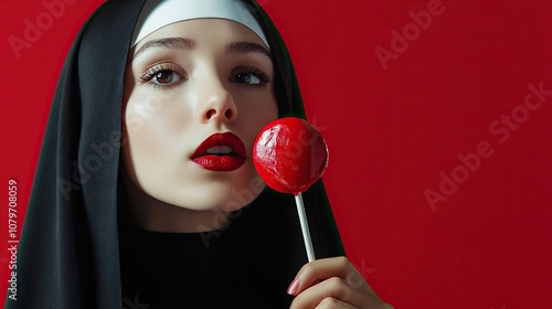 A photograph of a nun detailed face and neck, half body, large lips, smal nose, dark eyes, black power dark hair, shinning skin, perfect skin texture, licking photo