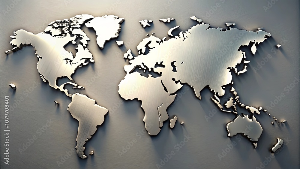 A three-dimensional metallic world map with brushed steel texture and a dramatic shadow A three-dimensional metallic world map with brushed steel texture and a dramatic shadow