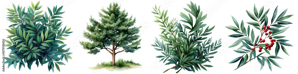 Vibrant and Watercolor Style Rendering of a Densely Foliaged Yew Tree Showcasing the Evergreen Leaves Branches and Berries in a Natural Landscape Setting Vibrant and Watercolor Style Rendering of a Densely Foliaged Yew Tree Showcasing the Evergreen Leaves Branches and Berries in a Natural Landscape Setting