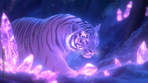Wallpaper Mural A majestic white tiger stands among glowing purple crystals in an enchanting, mystical landscape. Torontodigital.ca